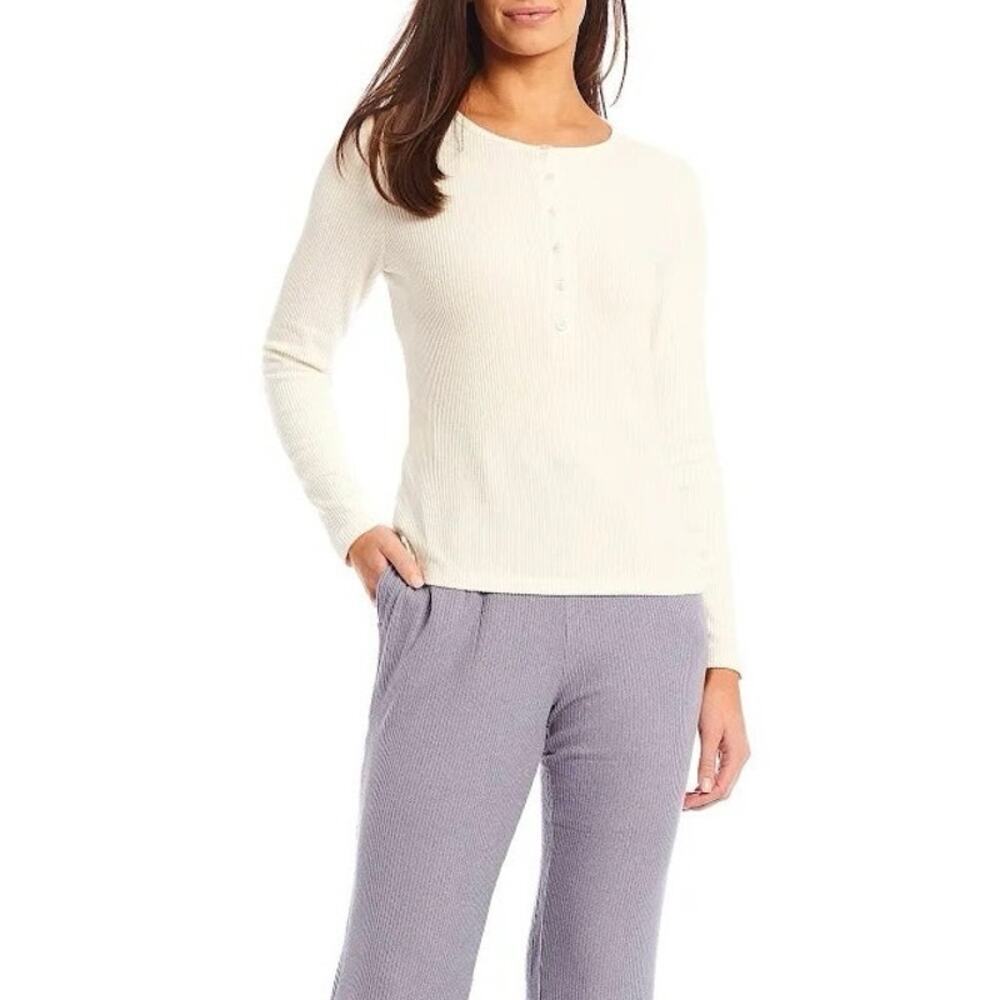 Tommy Bahama Island Soft Cream Henley Ribbed Long Sleeve Top Size Large